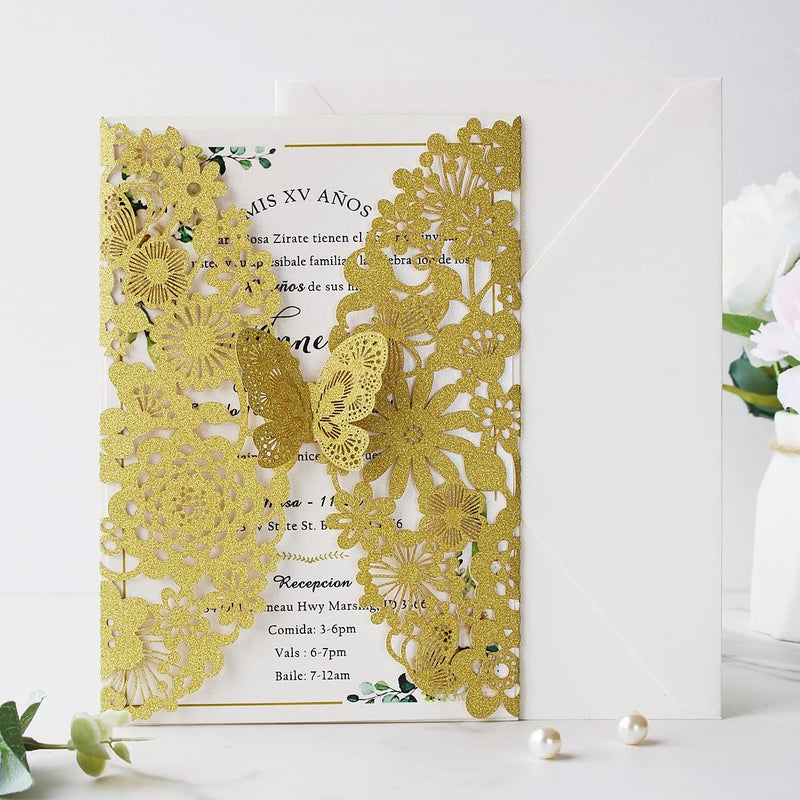 Hosmsua 20PCS Gold Wedding Invitation Cards with Butterfly and Envelopes 5.12 x 7.3 Inch Laser Cut Lace Flora Invitation for Wedding Engagement Quinceanera Party (Gold Glitter) - Image 3